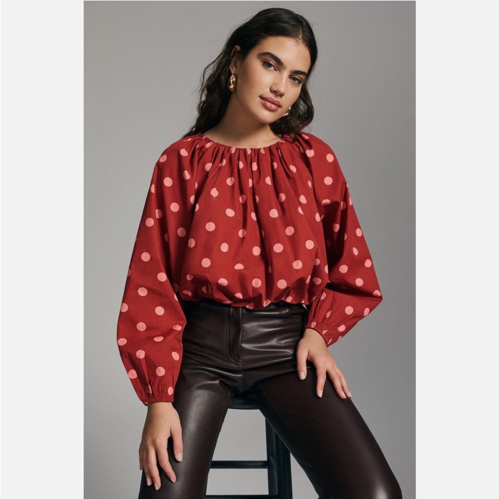 Maeve Anthropologie NWT Polka Dot Peasant Blouse XS Red Boho Crop‎